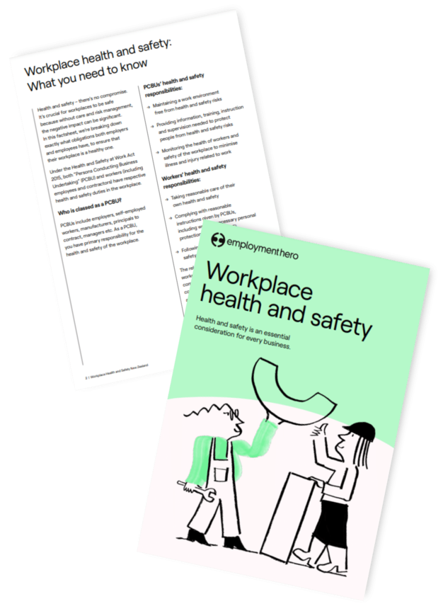 Two pages from 'Workplace Health and Safety' by Employment Hero, featuring a cover with an illustration of two workers discussing safety and an interior page detailing workplace health and safety guidelines.