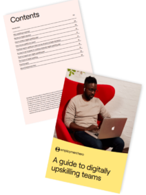 Two pages from 'A Guide to Digitally Upskilling Teams' by Employment Hero, featuring a cover with an image of a man working on a laptop in a red chair and a table of contents listing sections of the guide