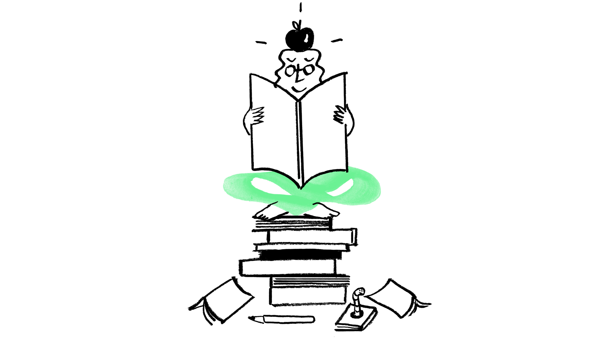 An illustration of Quinn reading a book, an apple on top of their head as they sit cross-legged on a pile of books