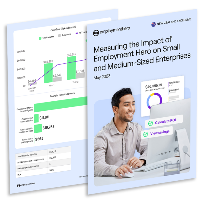 Two pages from 'Measuring the Impact of Employment Hero on Small and Medium-Sized Enterprises' by Employment Hero, featuring a cover with an image of a professional using a laptop and an interior page showing graphs and data on financial benefits and ROI.