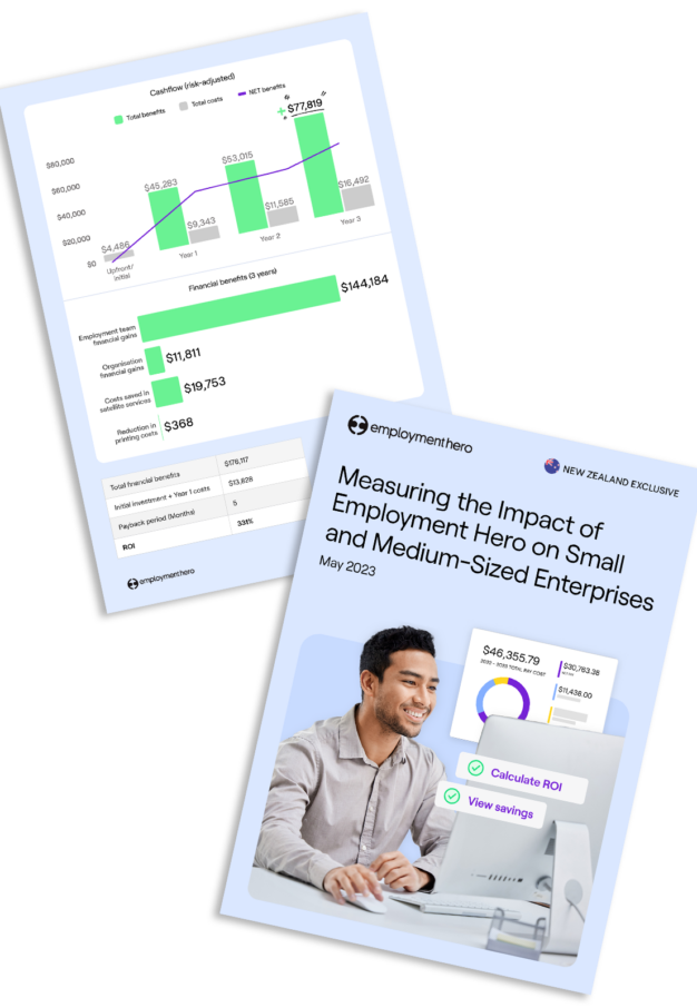 Two pages from 'Measuring the Impact of Employment Hero on Small and Medium-Sized Enterprises' by Employment Hero, featuring a cover with an image of a professional using a laptop and an interior page displaying graphs and data on ROI metrics.