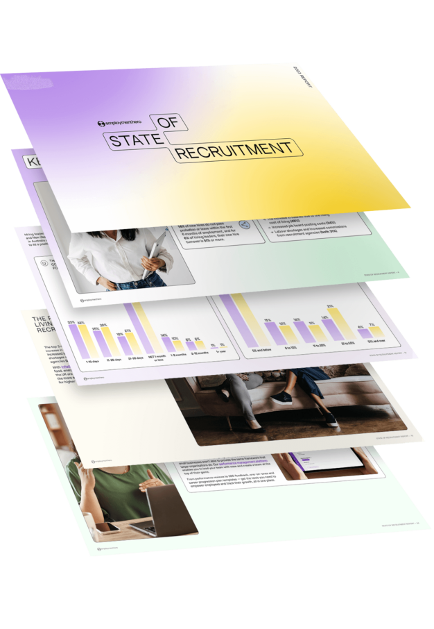 Stack of pages from the 'State of Recruitment' report by Employment Hero, featuring a colorful cover and interior pages with graphs, charts, and insights on recruitment trends