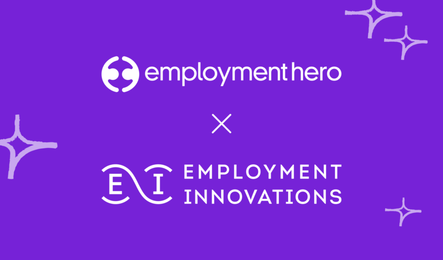 Employment Hero and Employment Innovations partnership announcement graphic with both logos on a purple background, accented by star illustrations.