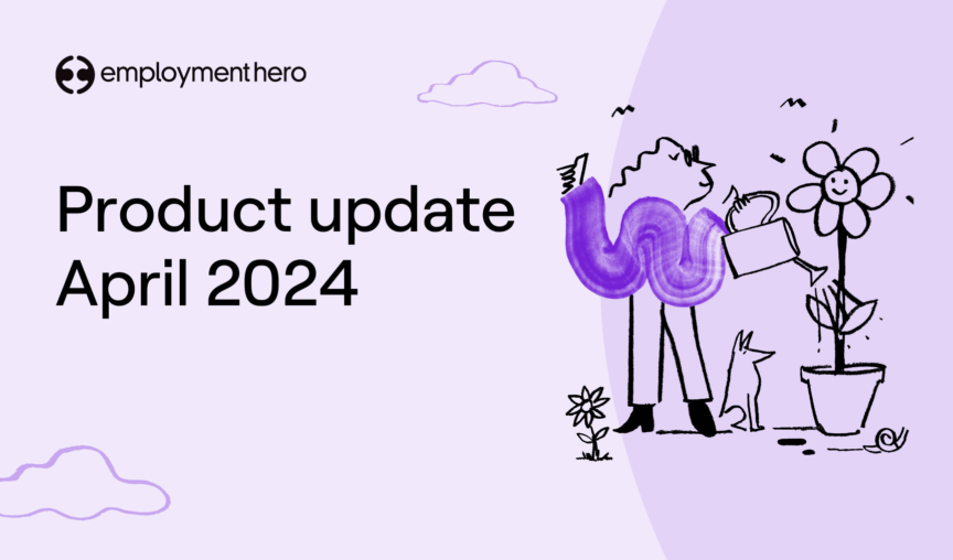 Product update April 2024 featuring Quinn watering a tall flower in a pot, a dog standing by