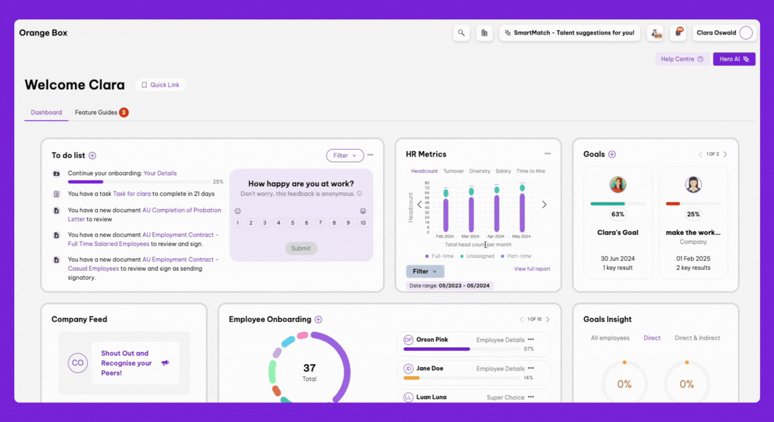 Employee dashboard for Clara on the Employment Hero platform, displaying various widgets including a to-do list, employee happiness survey, HR metrics, individual and company goals, company feed, employee onboarding progress, and goals insight. The interface allows Clara to view her tasks, metrics, and onboarding progress, with interactive elements for filtering and navigating between sections