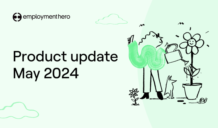 Product Update May featuring a graphic of Quinn watering a tall flower in a pot
