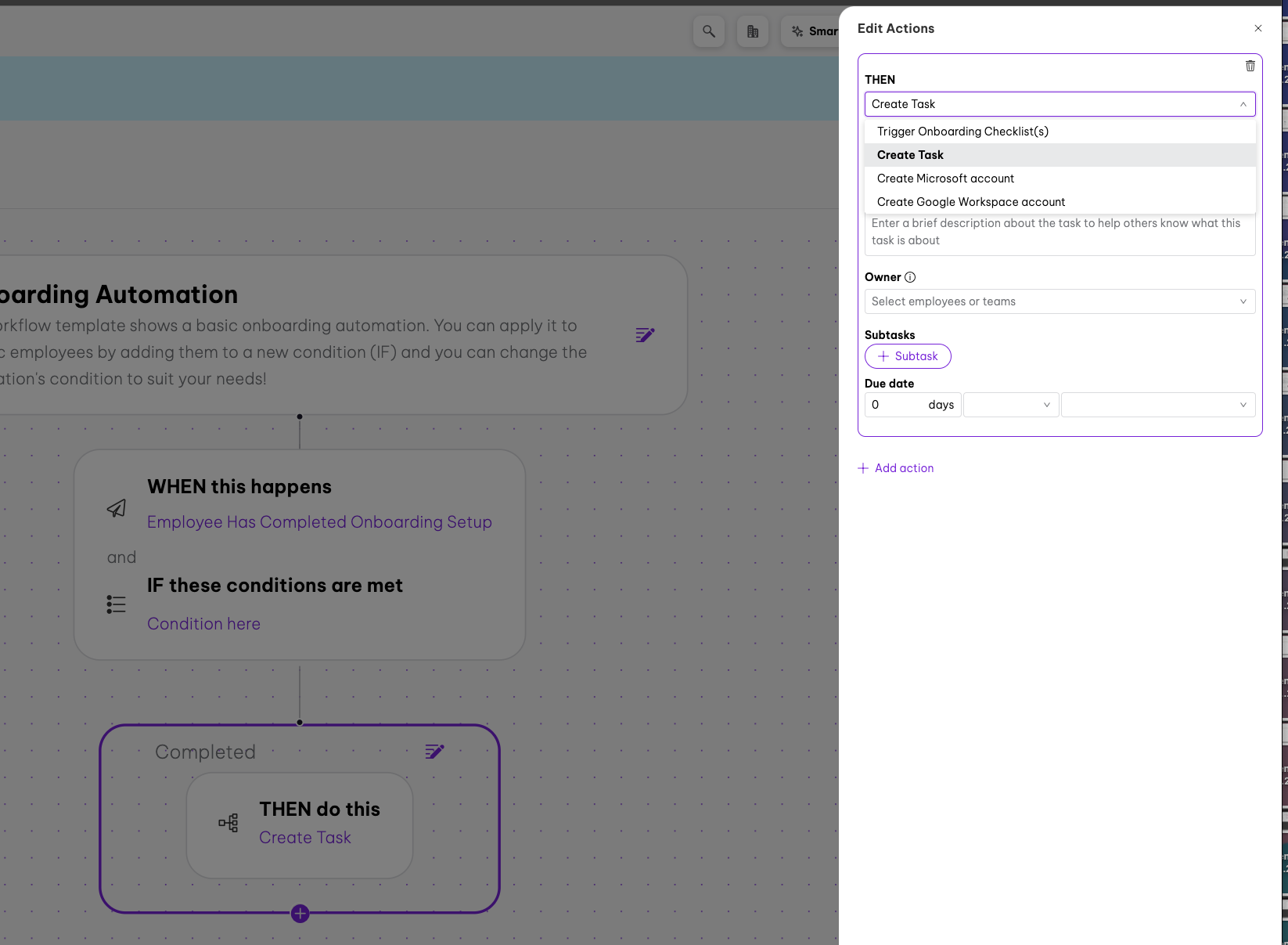 Onboarding Automation workflow setup interface showing a flowchart with conditions and actions. The workflow triggers 'when an employee has completed onboarding setup' and includes conditional steps. An 'Edit Actions' panel on the right allows setting actions like 'Create Task,' assigning owners, adding subtasks, and setting due dates