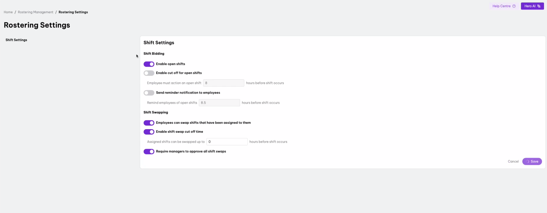 A screenshot of the rostering settings page displaying shift settings.