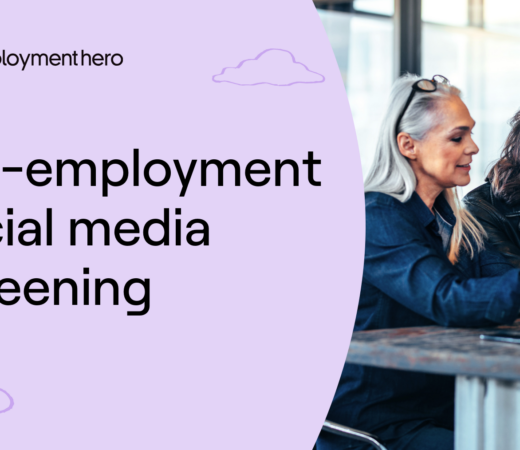 Two women smiling and looking at a tablet together, with a purple overlay on the left side displaying the text 'Pre-employment social media screening' and the Employment Hero logo at the top