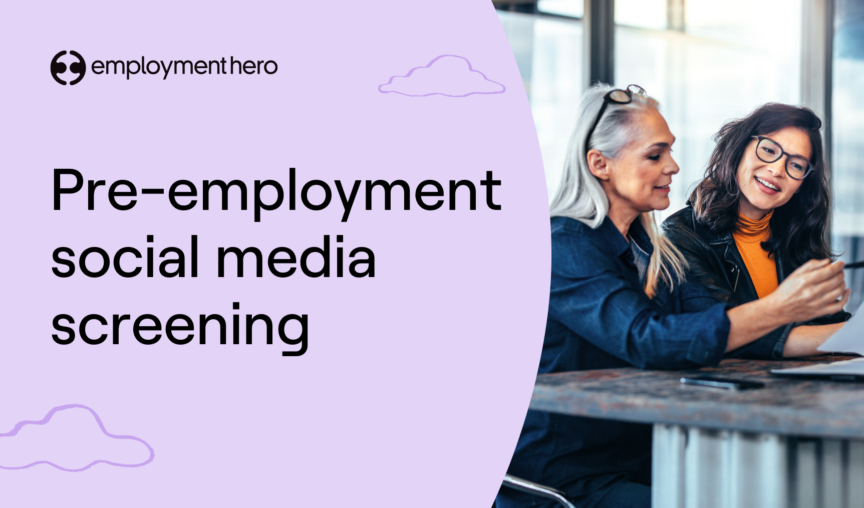 Two women smiling and looking at a tablet together, with a purple overlay on the left side displaying the text 'Pre-employment social media screening' and the Employment Hero logo at the top