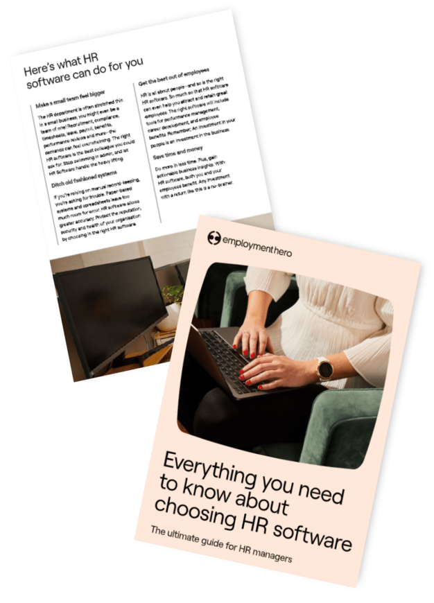 Two pages from 'Everything you need to know about choosing HR software' by Employment Hero, featuring a cover with an image of a person typing on a laptop and an interior page outlining the benefits of HR software.