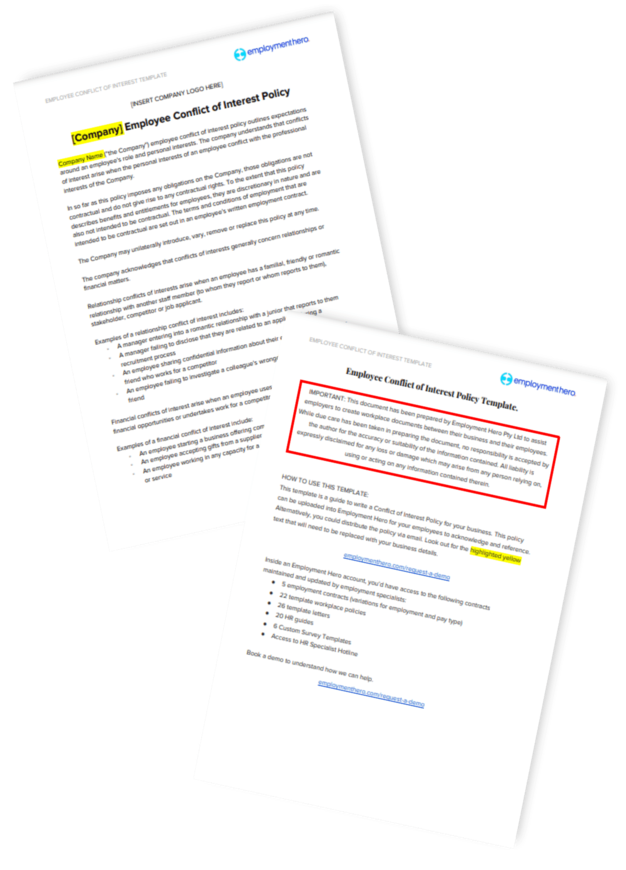 Two overlapping documents titled 'Employee Conflict of Interest Policy Template,' with highlighted sections in yellow and red