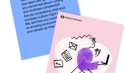 Two overlapping brochures: 'Thinking about HR?' and 'Intro to HR Management' with Quinn at a laptop illustration.