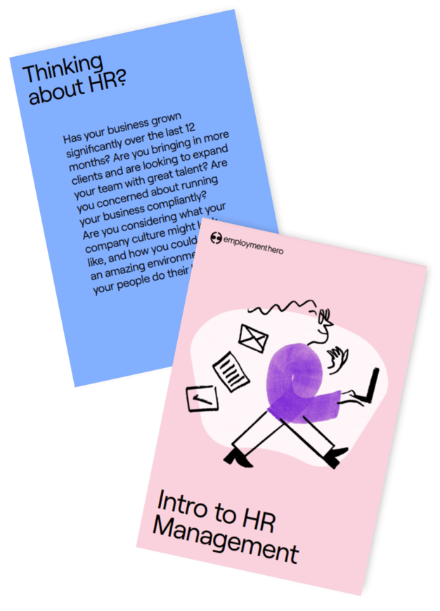 Two overlapping brochures: 'Thinking about HR?' and 'Intro to HR Management' with Quinn at a laptop illustration.