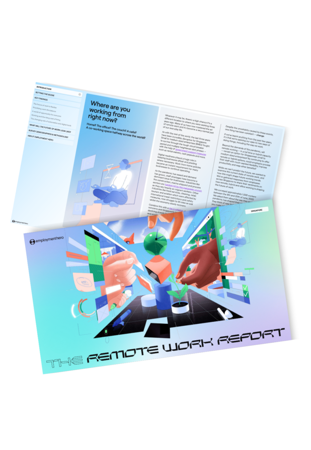 The image showcases "The Remote Work Report," featuring a vibrant and futuristic design
