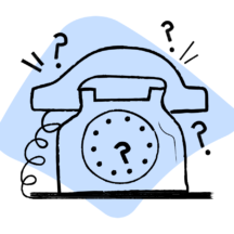 An illustration of a telephone with question marks surrounding it, set against a light blue backdrop