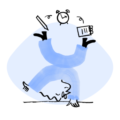 An illustration of Quinn, doing a handstand while juggling a pencil, an alarm clock and a notepad with their feet