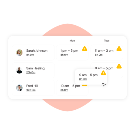 HR software rostering product shot, showing a list of employees and their respective schedules for Monday and Tuesday