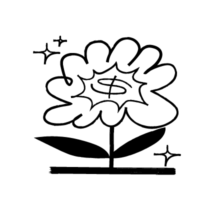 An illustration of a flower with a dollar sign in the middle of it, sparkles around it