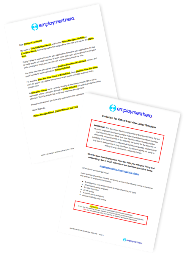 Employment Hero's Virtual Interview Email Template. The two-page document provides a template for scheduling virtual interviews, with highlighted sections for customizable details