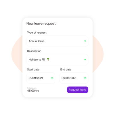 An interface of New leave request, showing details like Type of request, description, Start and end date and the Request leave button