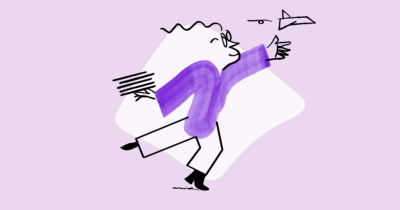 An illustration of Quinn sideways and throwing a paper plane forward