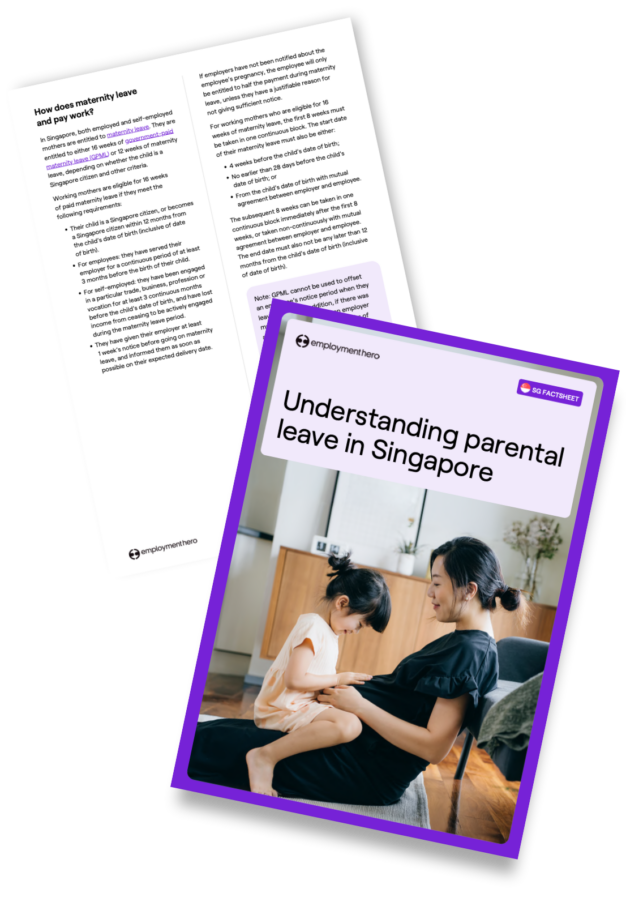 Two pages from 'Understanding Parental Leave in Singapore' by Employment Hero, featuring a cover with an image of a mother holding her child and an interior page detailing parental leave policies.