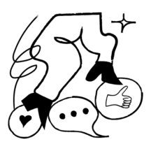 A squiggly illustration of legs jumping over speechbubbles, heart and thumbs up emojis
