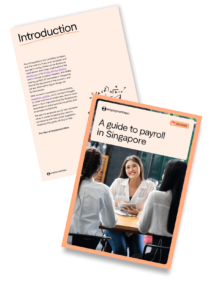 Two pages from 'A Guide to Payroll in Singapore' by Employment Hero, featuring a cover with an image of a professional woman in a discussion and an introduction page with an overview of payroll processes