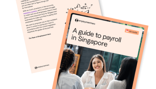 Two pages from 'A Guide to Payroll in Singapore' by Employment Hero, featuring a cover with an image of a professional woman in a discussion and an introduction page with an overview of payroll processes