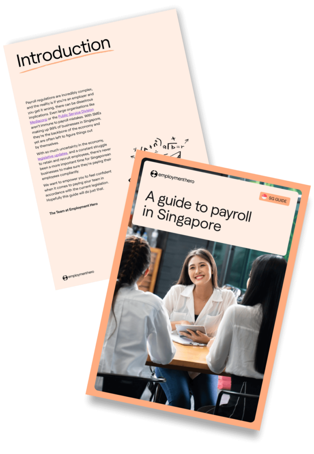 Two pages from 'A Guide to Payroll in Singapore' by Employment Hero, featuring a cover with an image of a professional woman in a discussion and an introduction page with an overview of payroll processes