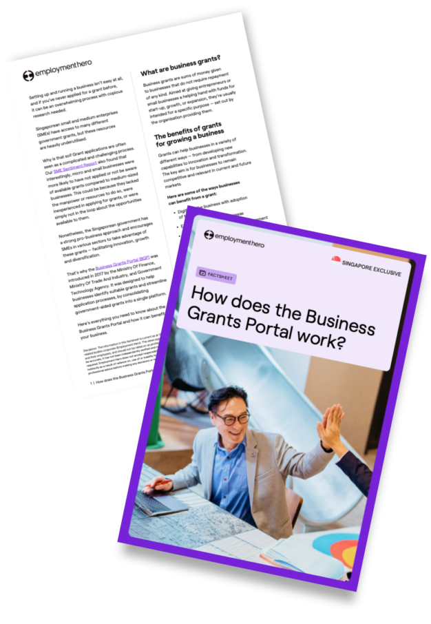 Two pages from 'How does the Business Grants Portal work?' guide by Employment Hero, featuring a cover with an image of a professional presenting and an interior page with detailed information on accessing and utilizing the portal