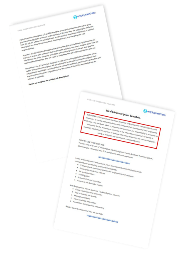 Two pages from an 'Ideal Job Description Template' by Employment Hero, featuring guidelines for creating job descriptions and customizable sections highlighted for easy editing