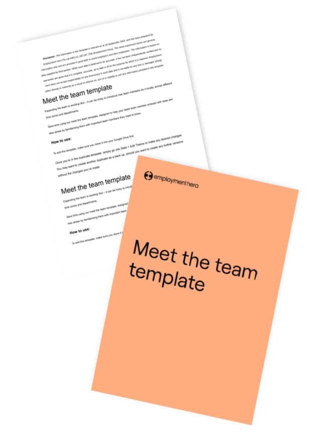 A resource titled 'Meet the Team Template' by Employment Hero.