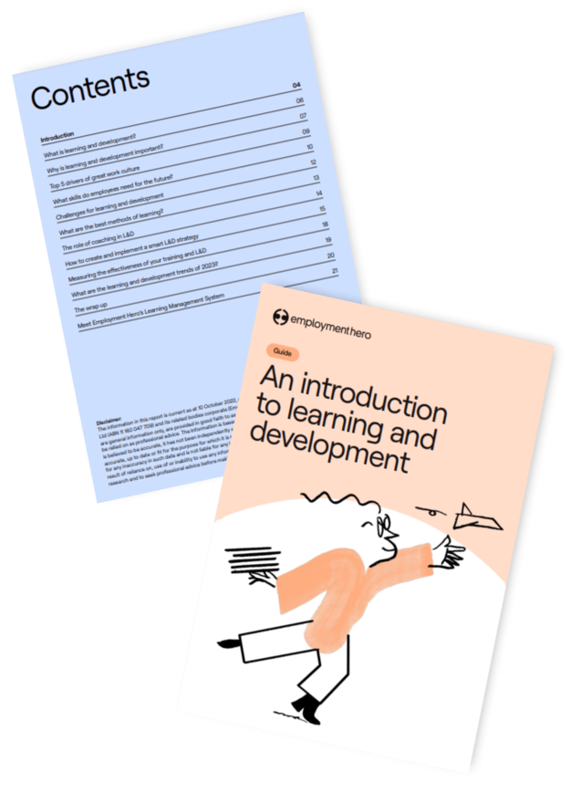 A guide titled 'An Introduction to Learning and Development' by Employment Hero