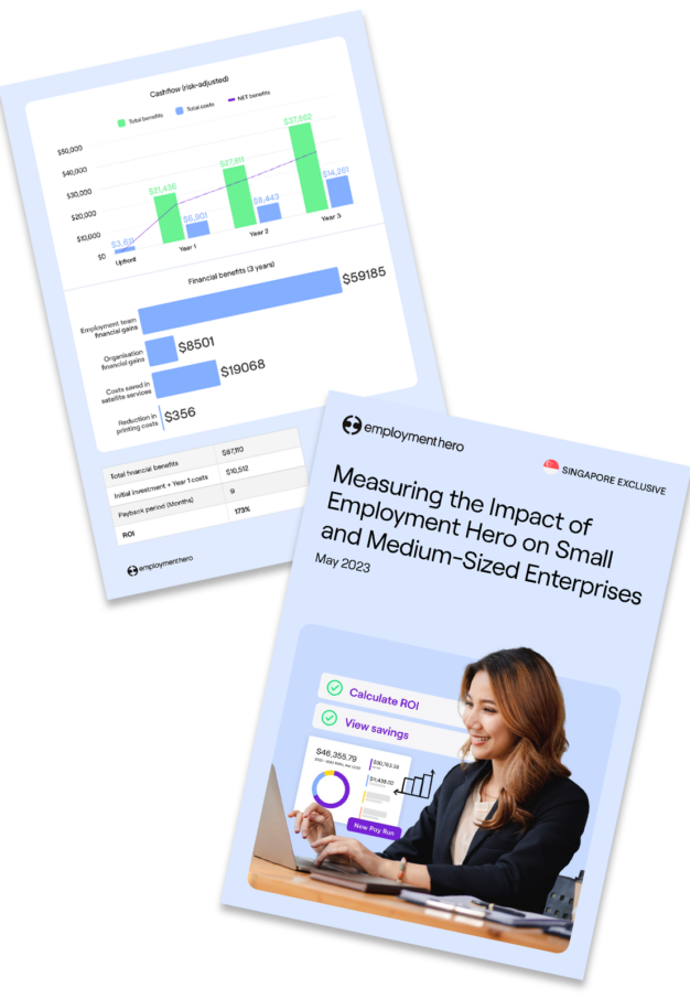 Cover and interior page of a report titled 'Measuring the Impact of Employment Hero on Small and Medium-Sized Enterprises,' featuring a professional woman working on a laptop