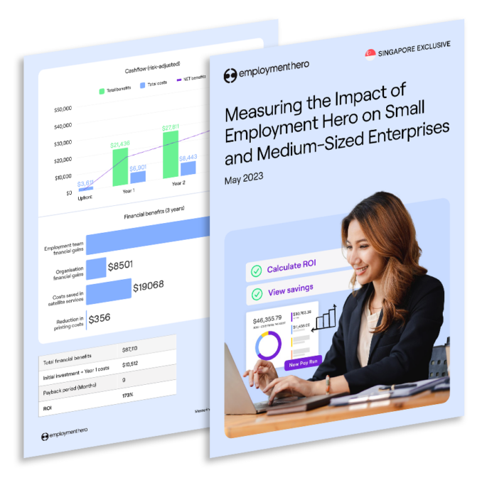 A two-page spread of the 'Measuring the Impact of Employment Hero on Small and Medium-Sized Enterprises' report. The cover features a professional woman working on a laptop