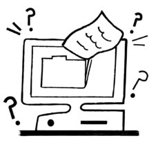 An illustration of a paper being transferred to a computer folder with question marks surrounding it