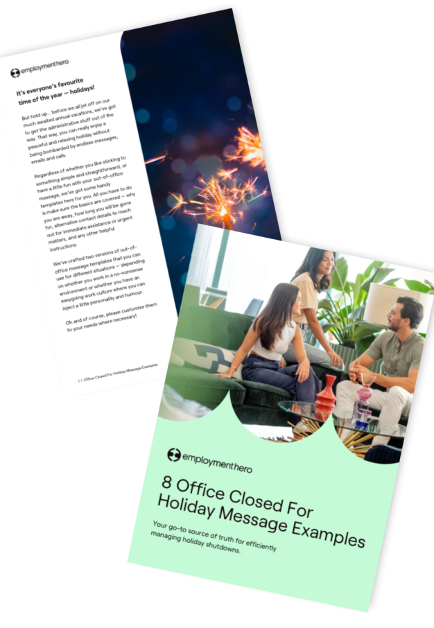 A preview of a guide titled '8 Office Closed for Holiday Message Examples' by Employment Hero