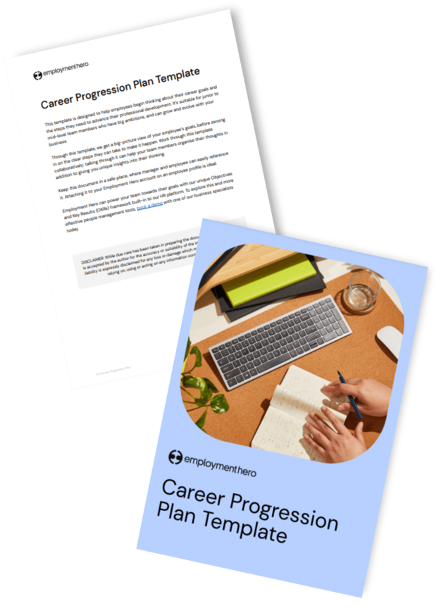 Two pages from 'Career Progression Plan Template' by Employment Hero, featuring a cover with an image of a person writing in a notebook next to a laptop and an interior page outlining the career progression planning process.