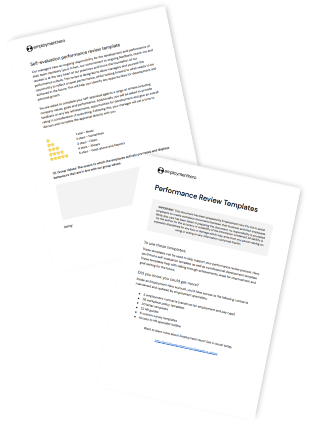 Two pages of Employment Hero's 'Performance Review Templates.'