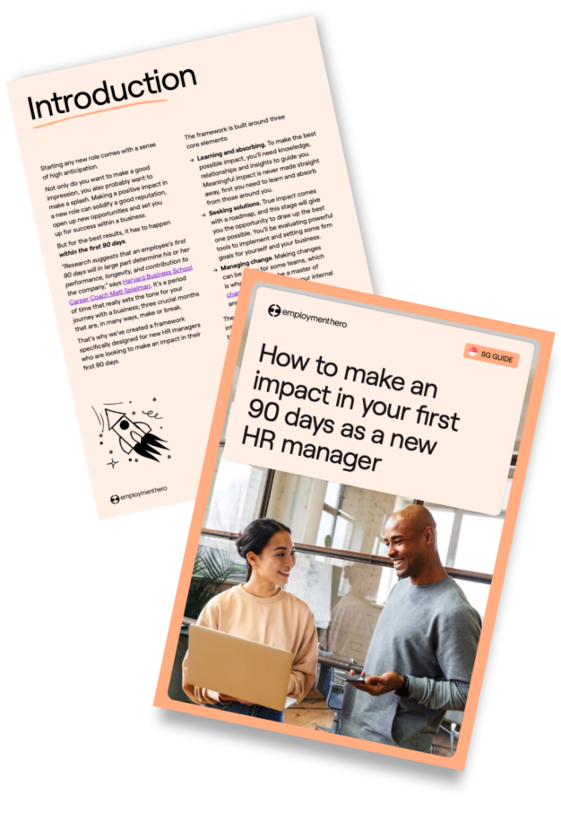 A preview of a guide titled 'How to Make an Impact in Your First 90 Days as a New HR Manager'