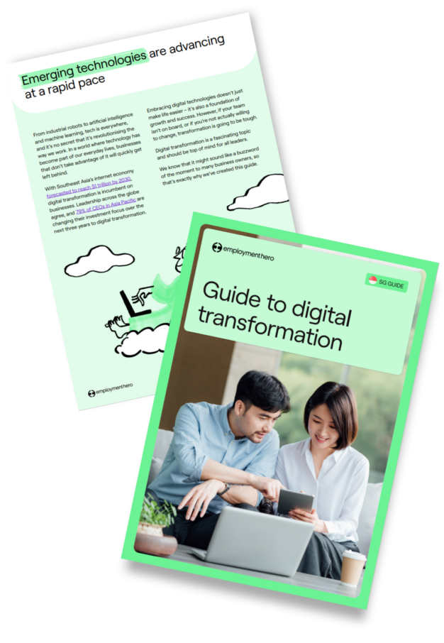 Cover page titled 'Guide to Digital Transformation' alongside a page discussing emerging technologies and their rapid advancement