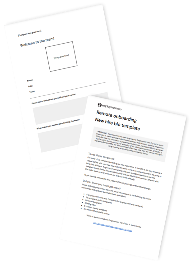 Two pages from a 'Remote Onboarding New Hire Bio Template