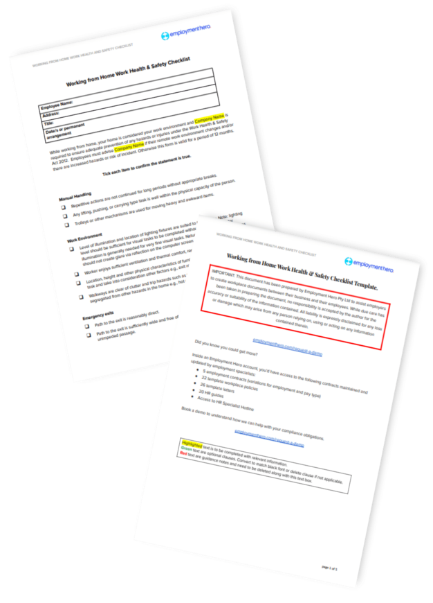 The image shows a "Working From Home Health and Safety Checklist" document.