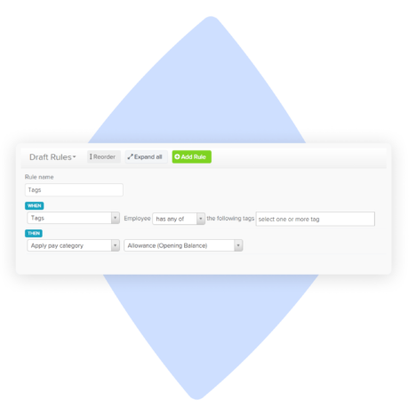 Automate pay calculations. Interface showing Draft Rules and details to customize