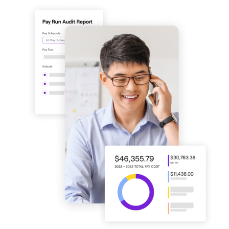 Man on the phone with pay run audit report and financial charts