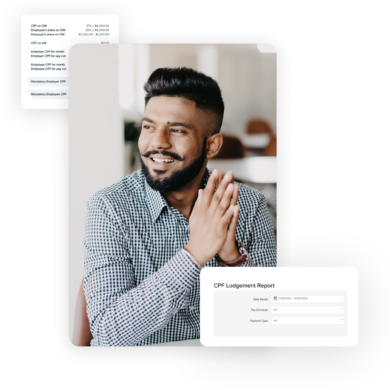 An image of a man smiling, with his elbows resting on the table and hands together. Floating widgets of CPF lodgement report and details can be seen