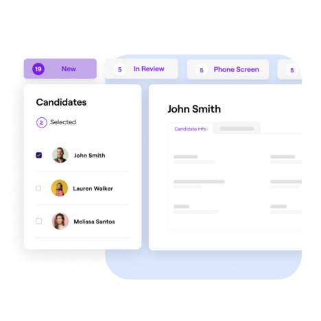 Interface showing options for 'New', 'In Review', and 'Phone Screen'. 'New' is selected, showing list of candidates for that category. A box is ticked beside John Smith's name, prompting a pop up window beside, showing details.