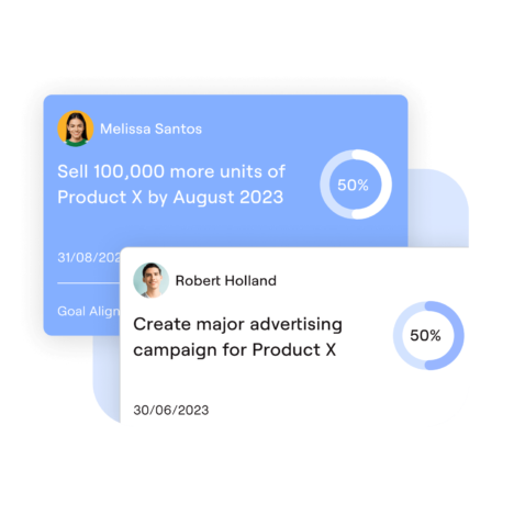 Two widgets, one showing Melissa Santos's goal to 'Sell 100,000 more units of Product X by August 2023' with 50% progress and Robert Holland's goal to 'Create major advertising campaign for Product X' with 50% progress
